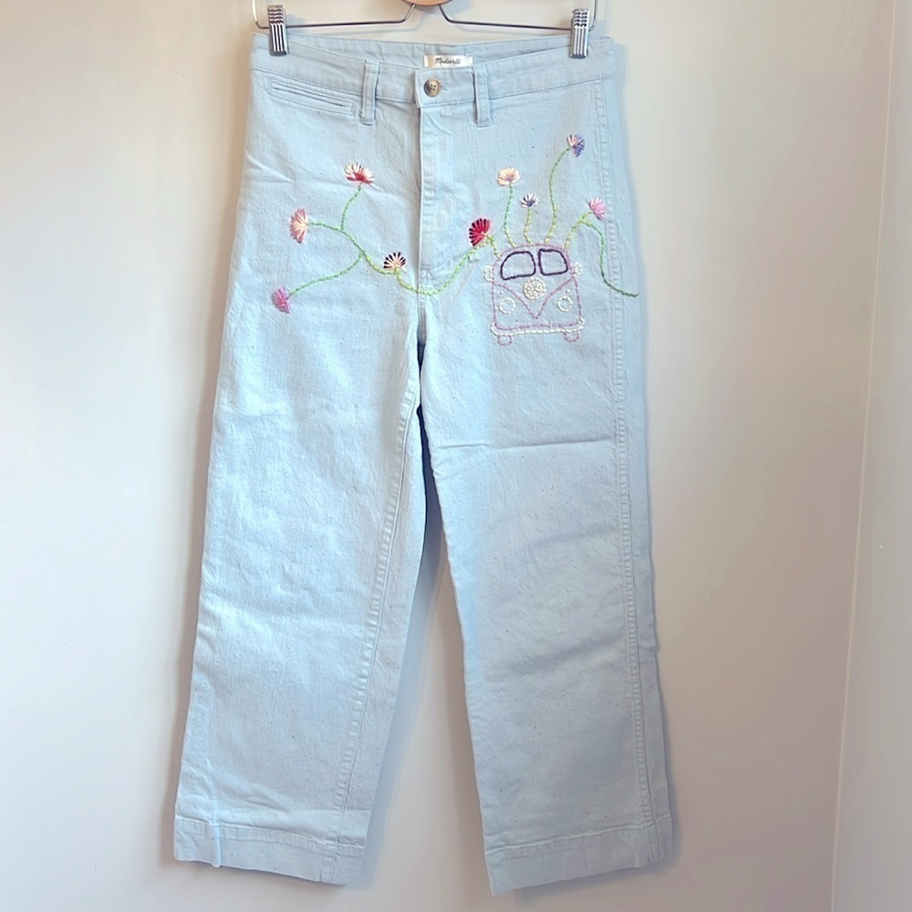 Madewell Custom Embroidered Slim Emmett Wide-Leg Crop Pants in Speckle SZ 28 T